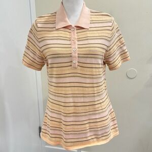 VTG 90s‎ Tommy Bahama Peach Yellow Striped Knit Cabana Polo Resort Wear Medium